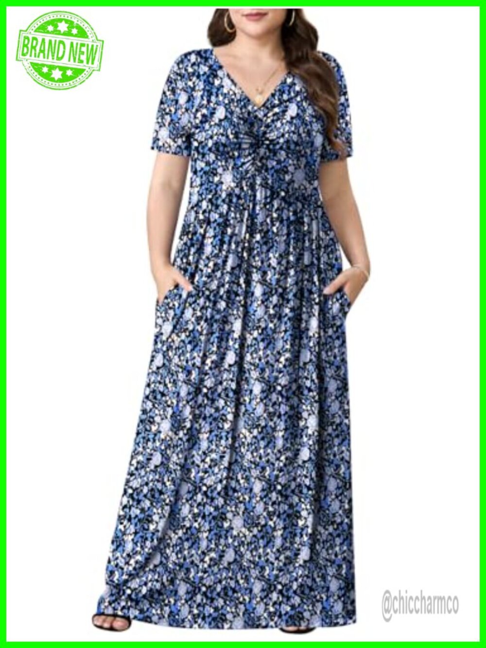 Plus Size Maxi Dress Short Sleeve V-Neck with Pockets 1X-5X